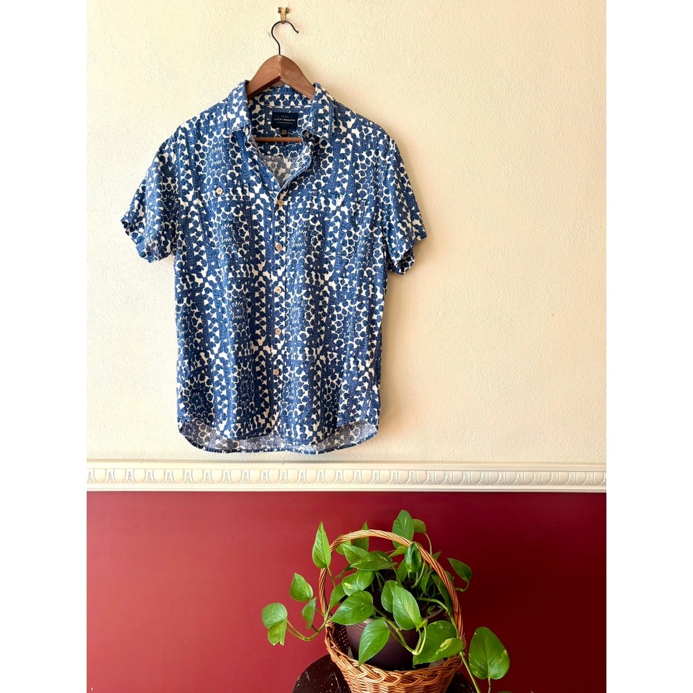 Lucky Brand Linen Blend Button Down Shirt M Blue White Geo Floral Resort Summer